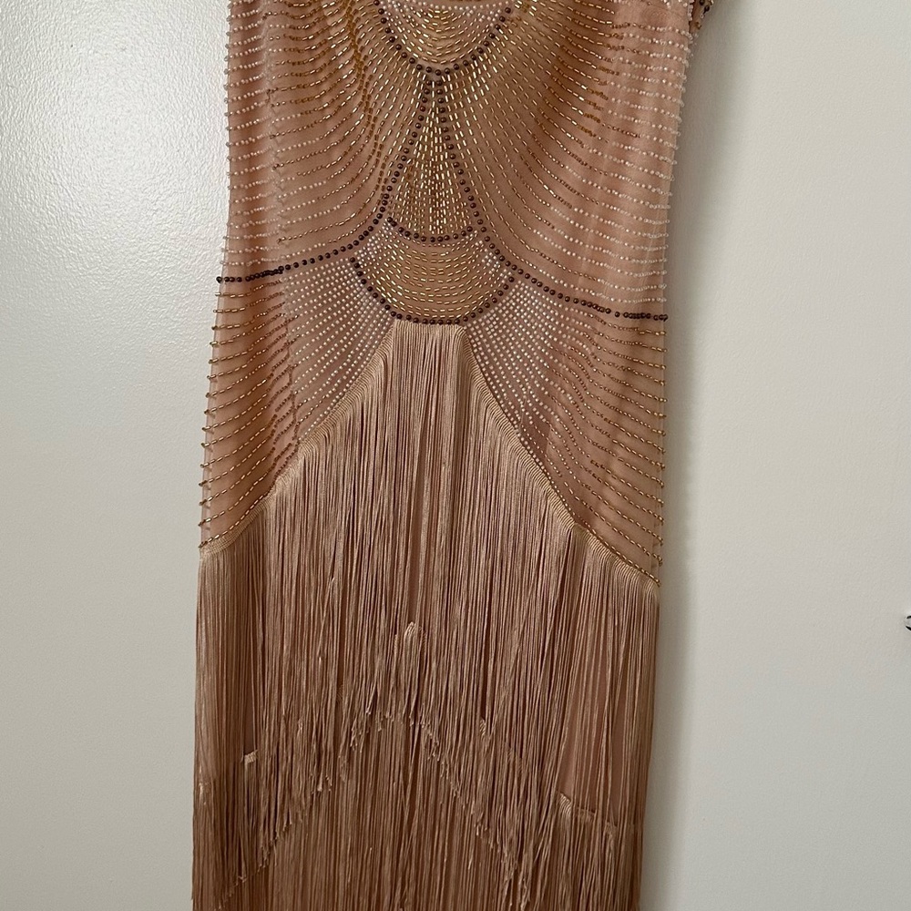 Chic Tan Beaded Fringe Midi Dress